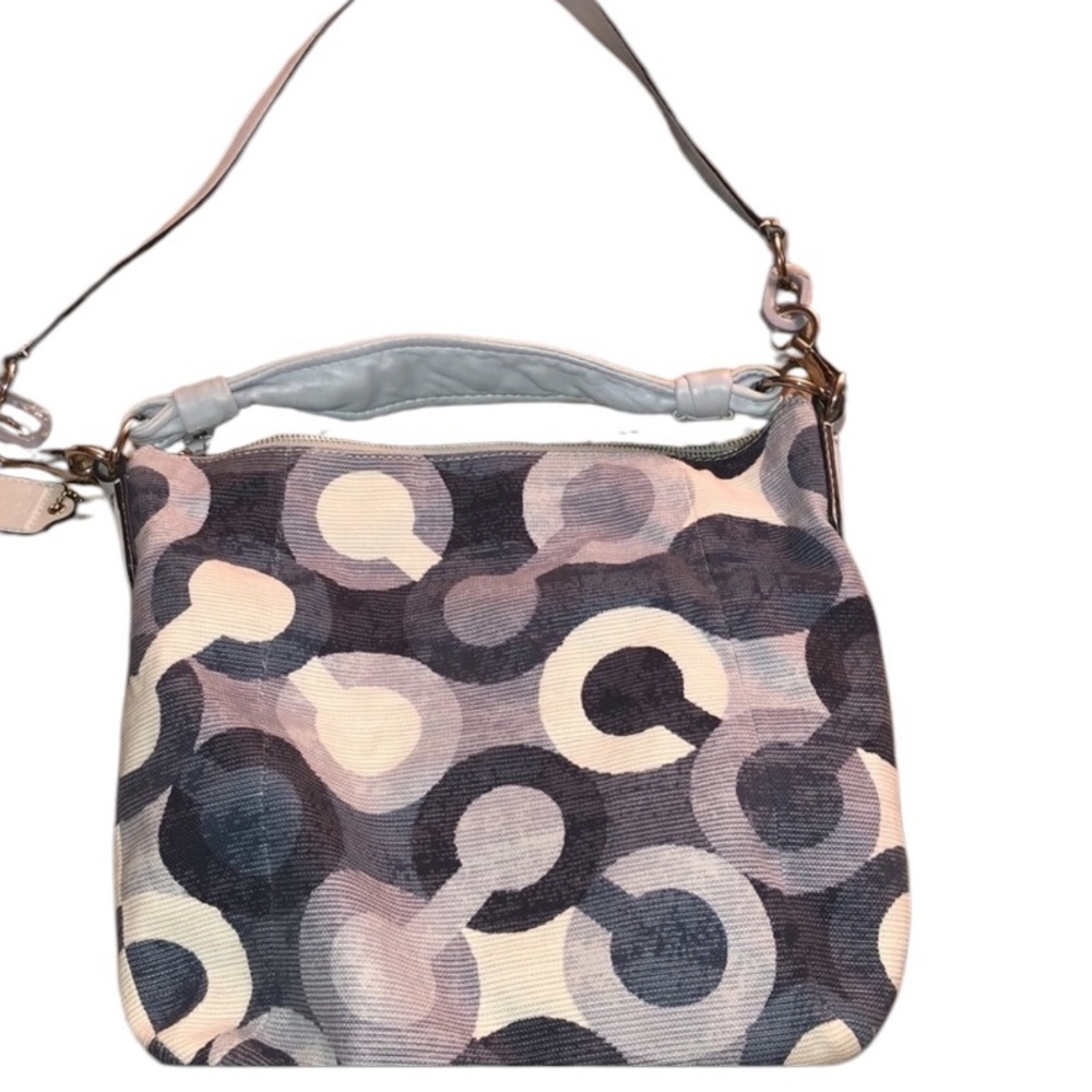 COACH OP ART shades of blue & white canvas with leather trim silver hardware - Picture 12 of 16